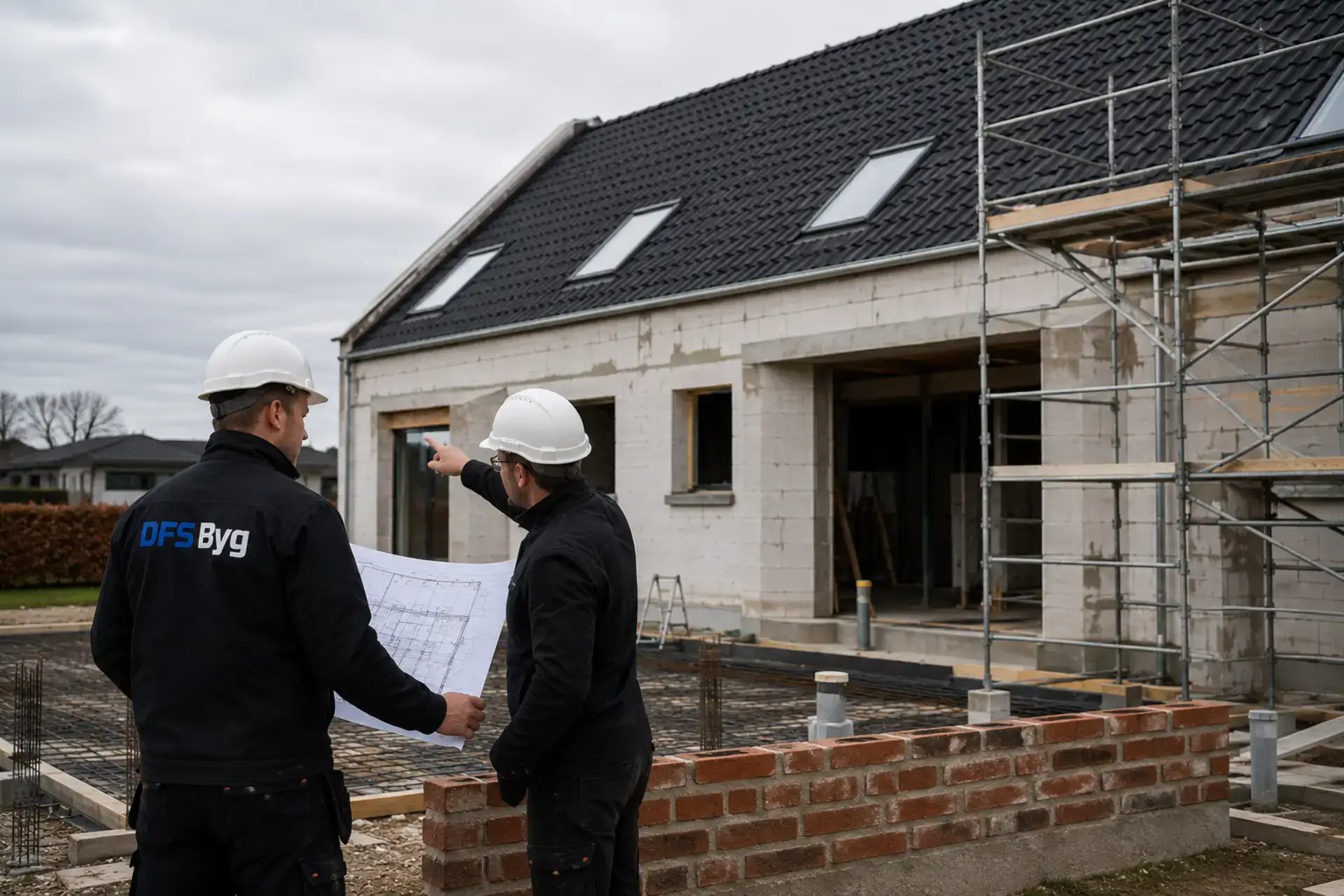 Bygningskonstruktører diskuterer byggeprojekt på byggepladsen.