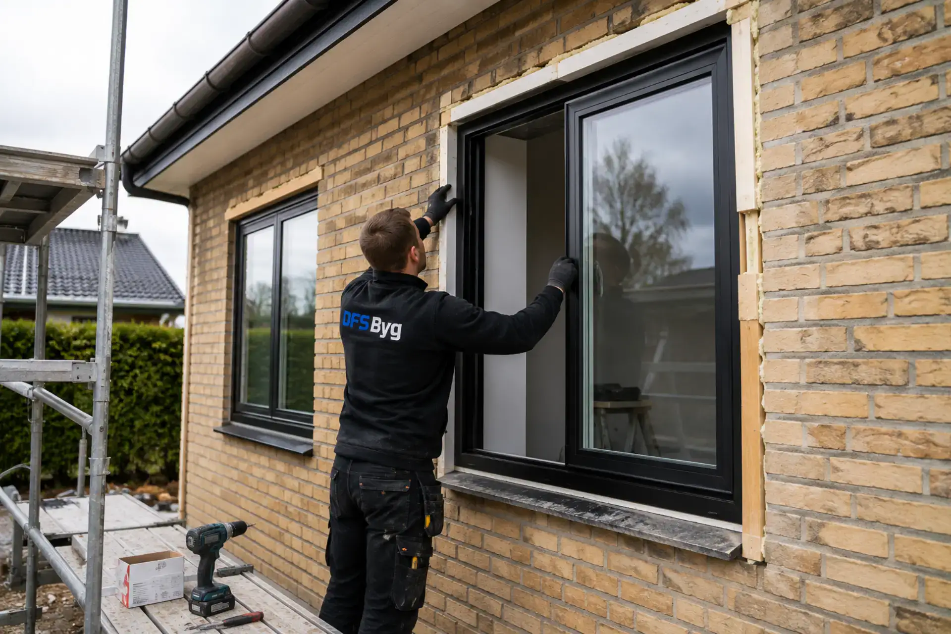 Mand installerer vinduer i en murstensbygning.