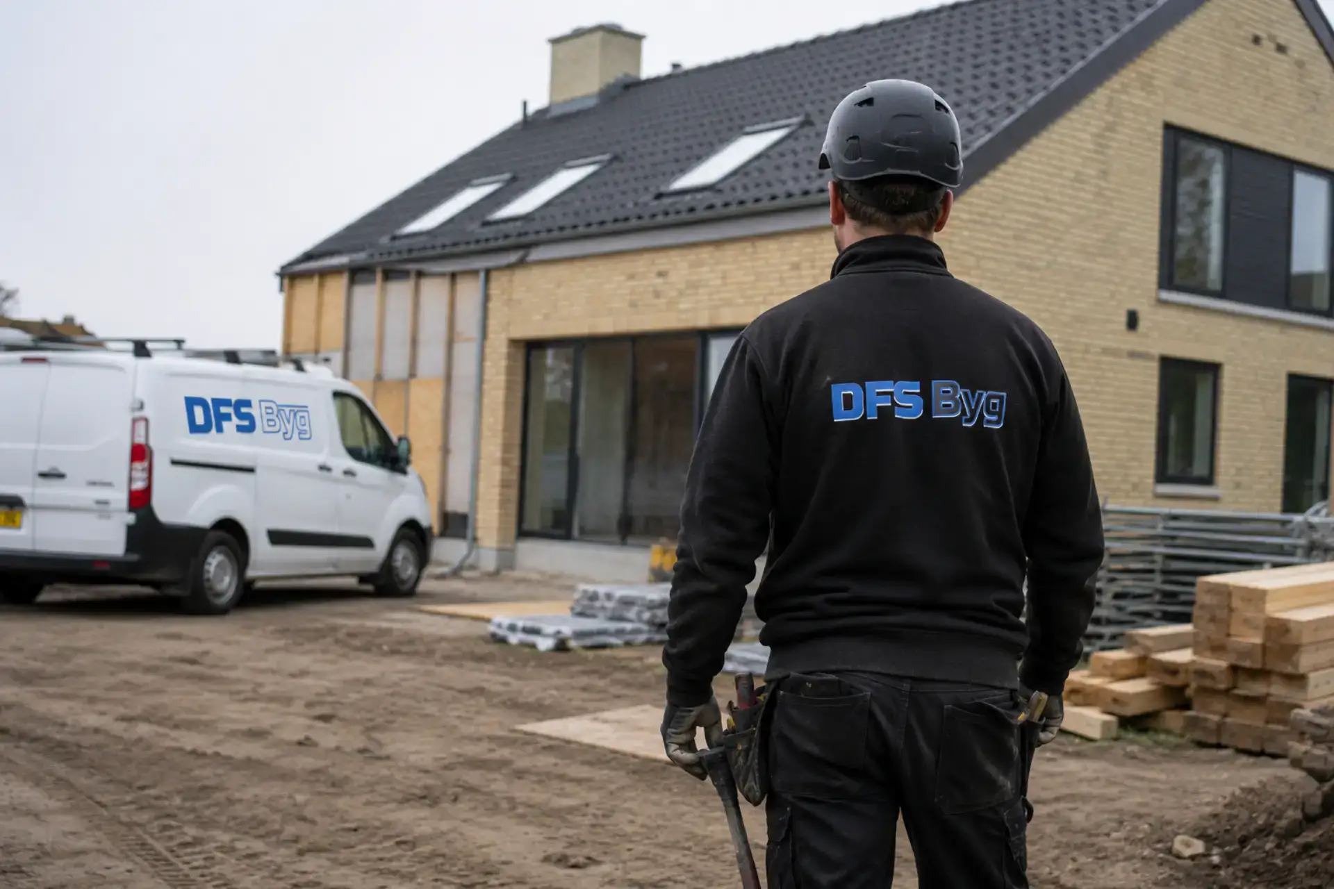 DFS Byg medarbejder på byggepladsen foran et nyt hus under opførelse.