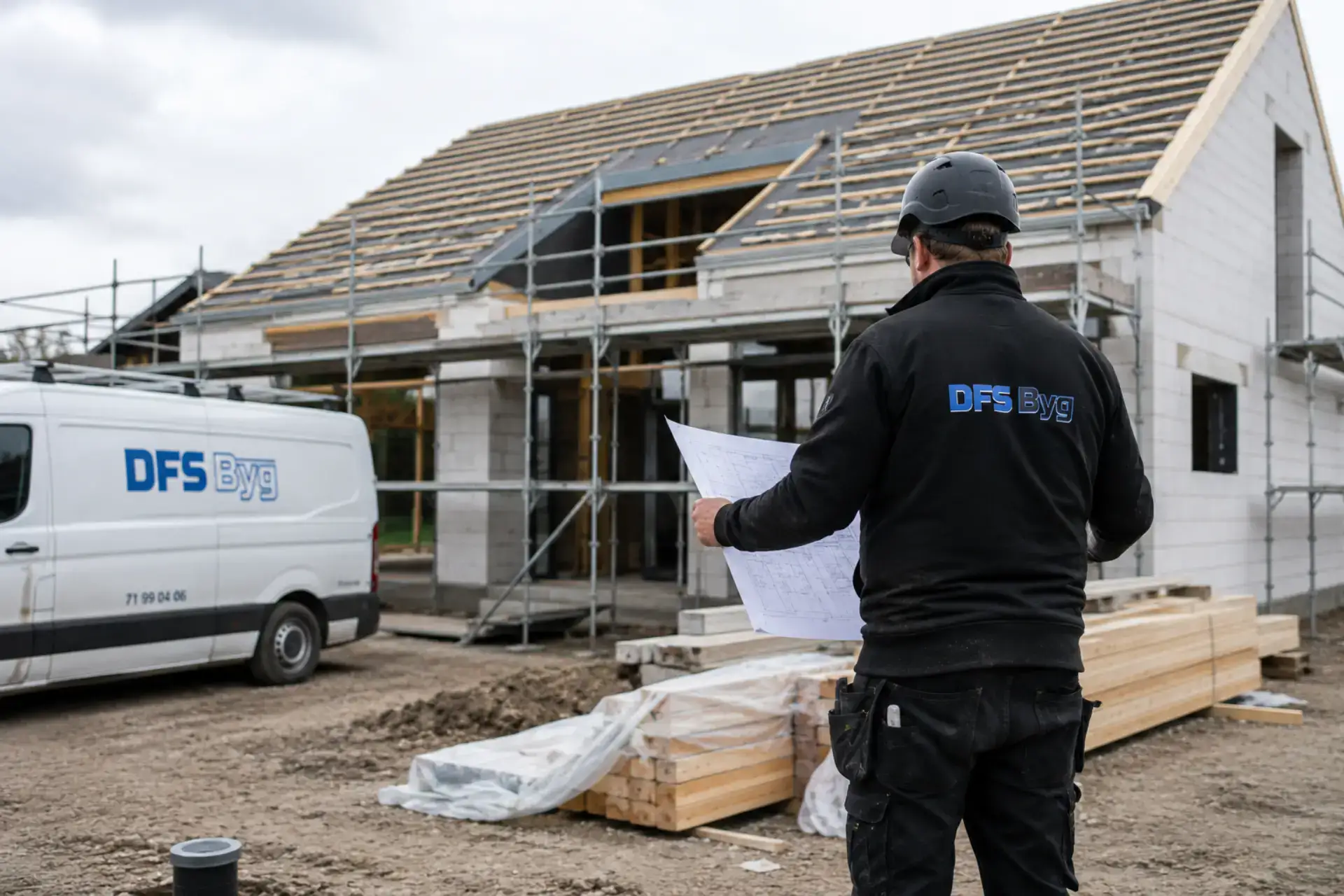 Bygningsarbejde med en person, der gennemgår planer foran et hus under opførelse.